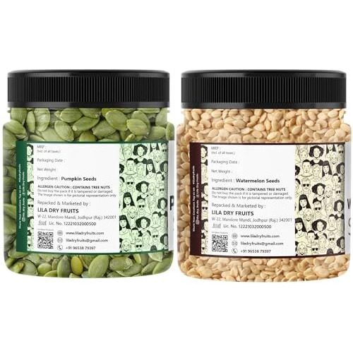 Lila Dry Fruits Pumpkin Watermelon Seeds Combo 500G (250G Each) | Pumpkin Seeds & Watermelon Seeds For Snacking Baking, Smoothies, And Salads | Ready-To-Eat Superfoods | Superseeds Perfect For Gifting