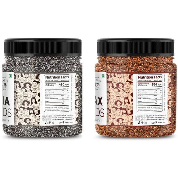 Lila Dry Fruits Chia & Flax Seeds Combo For Healthy Heart, Restful Sleep, Boosted Energy And Weight ManagemenT Immunity Booster Diet Food 250Gms Each Jar Pack (500G Total)-All Premium Healthy Snacks