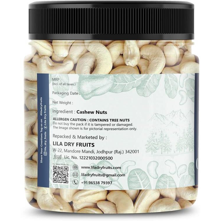 Lila Dry Fruits Cashews 500 Grams | Natural And Unsalted Whole Cashew | Premium Kaju Ideal For Dieting, Snacking, Cooking, And Baking | Protein Rich Kajau Dry Fruits Perfect For Gifting
