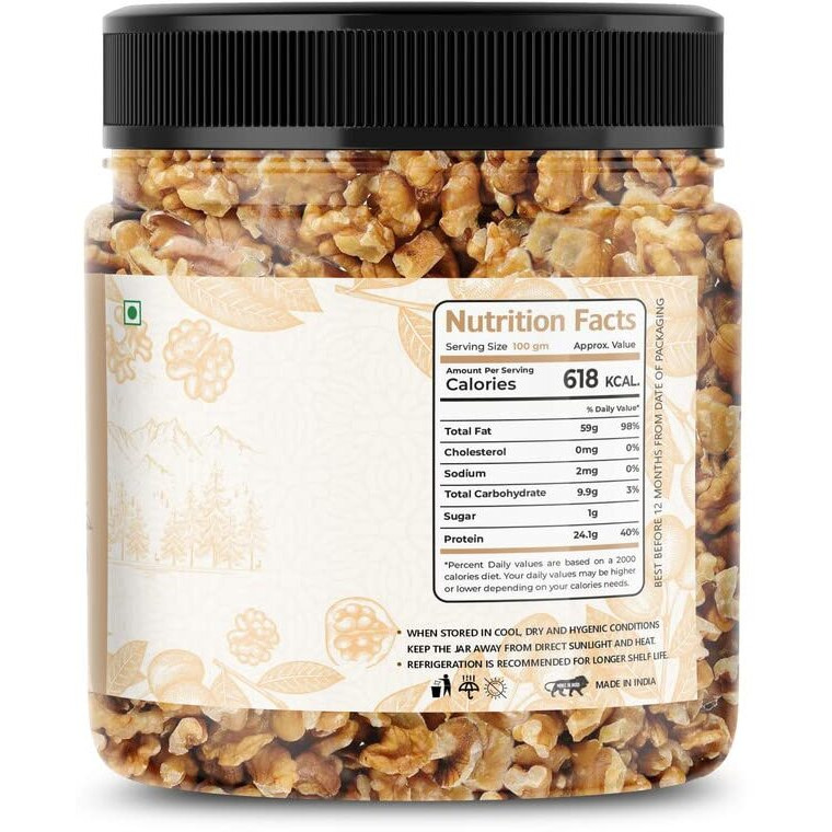 Lila Dry Fruits 100% Natural Raw Walnut Kernels 8Pcs 1Kg (2 X 500Gms) Jar Pack | Premium Akrot Giri | High In Protein & Iron | Low Calorie Nut | Dry Fruit