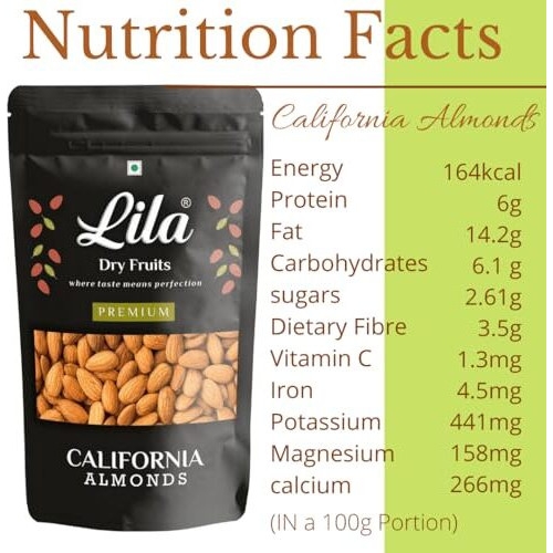 Lila Dry Fruits California Almonds 200 Grams | Raw And Natural Badam For Healthy Snacking | Almond For Cooking, Dieting & Breakfast | High In Minerals | Badaam Dry Fruits Perfect For Gifting