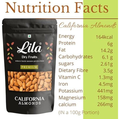Lila Dry Fruits California Almonds 200 Grams | Raw And Natural Badam For Healthy Snacking | Almond For Cooking, Dieting & Breakfast | High In Minerals | Badaam Dry Fruits Perfect For Gifting M2