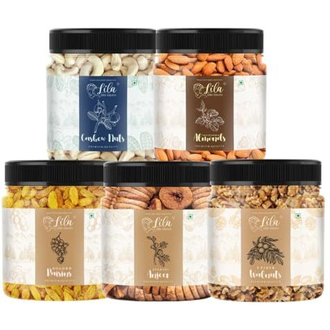 Lila Dry Fruits Daily Needs Combo Pack (100G X 5) Almonds, Walnuts, Anjeer, Cashews, Raisins | Healthy And Nutritious | Rich In Vitamins Minerals | Dry Fruit Mix Perfect For Gifting, 500 Gram