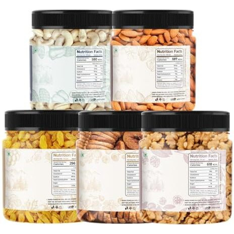 Lila Dry Fruits Daily Needs Combo Pack (100G X 5) Almonds, Walnuts, Anjeer, Cashews, Raisins | Healthy And Nutritious | Rich In Vitamins Minerals | Dry Fruit Mix Perfect For Gifting, 500 Gram