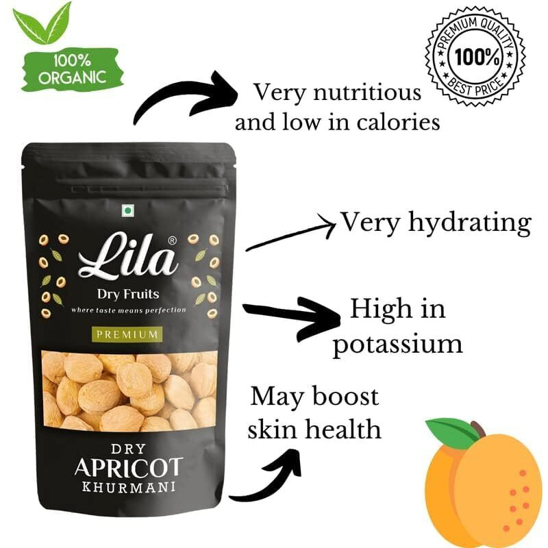 Lila Dry Fruits Apricots 500 Gms  100% Natural Dried Afghani Apricot | Naturally Sweet Khubani, Soft & Chewy | Dry Fruit Khurbani Ideal For Snacking, Baking, Cooking & Toppings | Perfect For Giftings