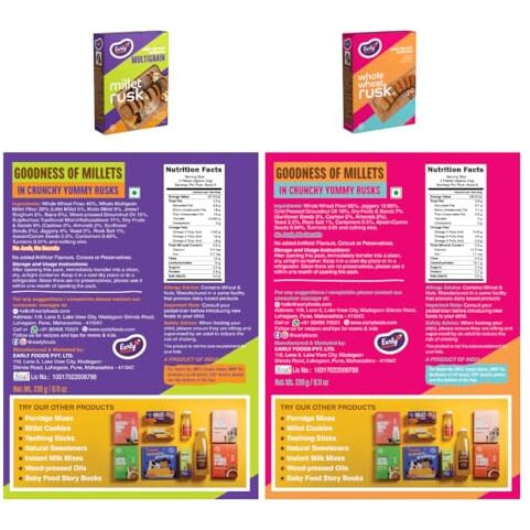 Early Foods - Pack Of 4  Ragi, Jowar, Multigrain & Wheat Rusks | Millet Rusk Sugar Free | No Maida Rusk | Rusks For Kids | Millet Toast Biscuits Rusk 210G X 4