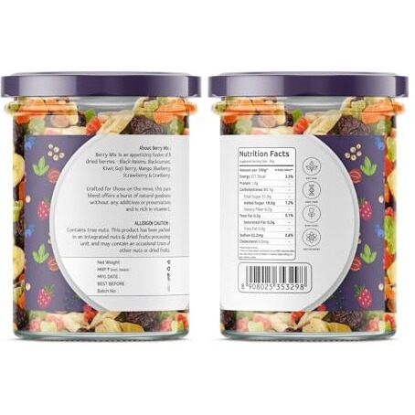 Greenfinity Mix Berries - Dried Cranberries, Dried Black Currants, Black Raisins, Dried Mangoes, Dried Strawberries, Dried Peach, Dried Papaya, Dried Blueberries, Cane Sugar (200Gm)