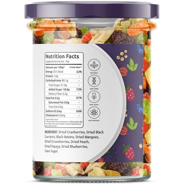 Greenfinity Mix Berries - Dried Cranberries, Dried Black Currants, Black Raisins, Dried Mangoes, Dried Strawberries, Dried Peach, Dried Papaya, Dried Blueberries, Cane Sugar (200Gm, Pack Of 2)