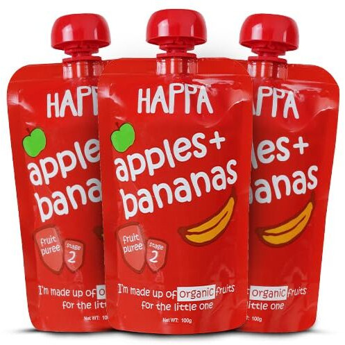 Happa Organic Food, Fruit Puree (Pack Of 3, Apple + Banana) Stage 2, 3 Pouches, 100 Gram Each