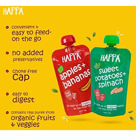 Happa Organic Food, Fruit Puree (Pack Of 3, Apple + Banana) Stage 2, 3 Pouches, 100 Gram Each