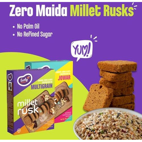 Early Foods Assorted Pack Of 2 Zero Maida Jowar Rusk & Multigrain Rusk | Rusk Toast | Sugar Free Millet Toast | Millet Rusk With Whole Wheat Rusk | Teething Rusk 210G X 2