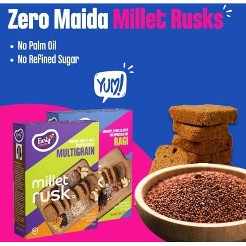 Early Foods Assorted Pack Of 2 Zero Maida Ragi Rusk & Multigrain Rusk | Sugarfree Millet Rusk With Jaggery | Millet & Atta Rusk No Maida | Kids Snack | 210G X 2