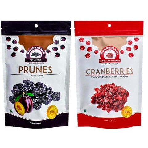 Wonderland Foods 400G (200G X 2) Dried Sliced Cranberries And Pitted Prunes Dry Fruits Combo Pack Of 2