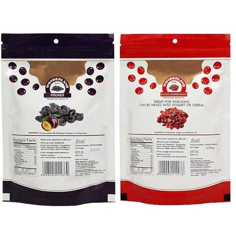 Wonderland Foods 400G (200G X 2) Dried Sliced Cranberries And Pitted Prunes Dry Fruits Combo Pack Of 2