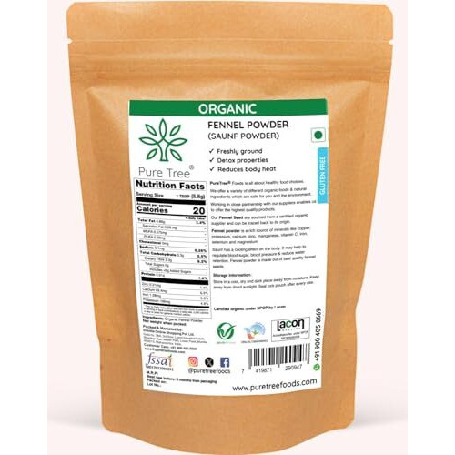 Pure Tree Certified Organic Saunf Powder|250 Gram|Fennel Seed Powder Organic|Variyali Powder|Sompu Powder|Saunf Powder Gluten Free & Flavourful