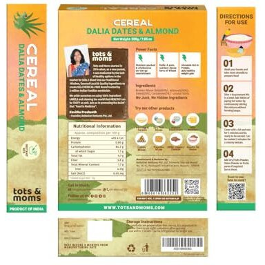 Tots And Moms Protein & Calcium Rich - Instant Cereal|No Sugar No Milk - Preservative Free Travel Friendly Healthy Porridge Mix For Kids (200 G (Pack Of 1), Dates)