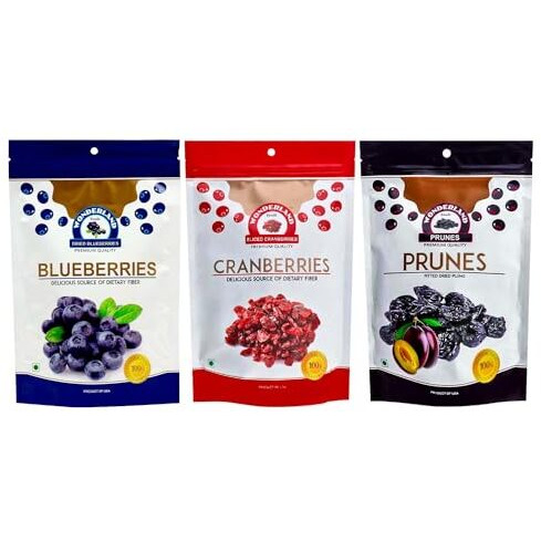 Wonderland Foods 550G Dried Berries Combo Pack Of Blueberry 150G + Sliced Cranberry 200G + Prunes 200G Pouch