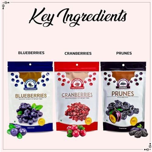Wonderland Foods 550G Dried Berries Combo Pack Of Blueberry 150G + Sliced Cranberry 200G + Prunes 200G Pouch