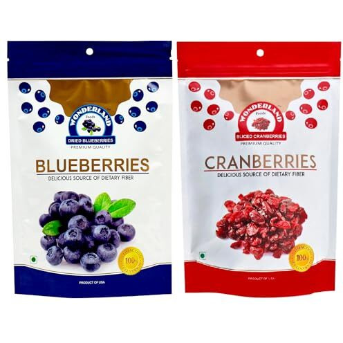 Wonderland Foods 350G Premium Berries Combo Of Dried Sliced Cranberries 200G & Blueberries 150G | Healthy & Tasty | Rich In Calcium And Vitamin K | Non-Gmo & No Preservatives
