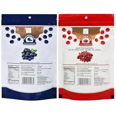 Wonderland Foods 350G Premium Berries Combo Of Dried Sliced Cranberries 200G & Blueberries 150G | Healthy & Tasty | Rich In Calcium And Vitamin K | Non-Gmo & No Preservatives
