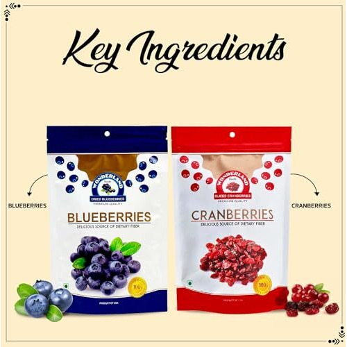 Wonderland Foods 350G Premium Berries Combo Of Dried Sliced Cranberries 200G & Blueberries 150G | Healthy & Tasty | Rich In Calcium And Vitamin K | Non-Gmo & No Preservatives
