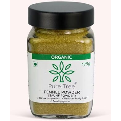 Pure Tree Certified Organic Saunf Powder | Glass Jar | Fennel Seed Powder Organic | Variyali Powder | Sompu Powder | Saunf Powder Gluten Free & Flavourful, 175 Gram
