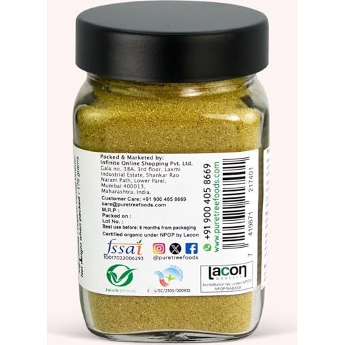 Pure Tree Certified Organic Saunf Powder | Glass Jar | Fennel Seed Powder Organic | Variyali Powder | Sompu Powder | Saunf Powder Gluten Free & Flavourful, 175 Gram