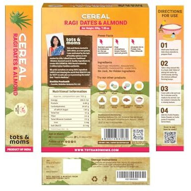 Tots And Moms Calcium Rich Instant Ragi Dates & Almonds Cereal For Kids 200G|No Sugar No Milk - Preservative Free - Travel Friendly Sweetened With Dates Flavoured With Elaichi