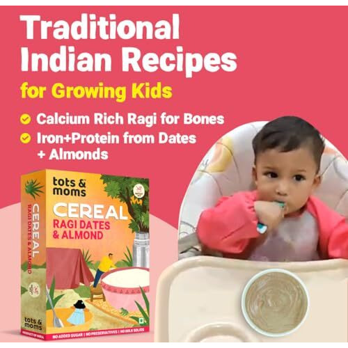 Tots And Moms Calcium Rich Instant Ragi Dates & Almonds Cereal For Kids 200G|No Sugar No Milk - Preservative Free - Travel Friendly Sweetened With Dates Flavoured With Elaichi
