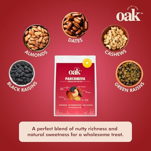 Oak Panchmeva Dry Fruits Mixed Pack 1Kg | Premium Almonds, Cashews, Green Raisins, Black Raisins & Dates | Healthy Mix Of Dry Fruits & Nuts For Snacking & Gifting | 250Gm