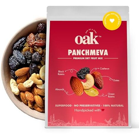 Oak Panchmeva Dry Fruits Mixed Pack 250Gm | Premium Almonds, Cashews, Green Raisins, Black Raisins & Dates | Healthy Mix Of Dry Fruits & Nuts For Snacking & Gifting | 250Gm