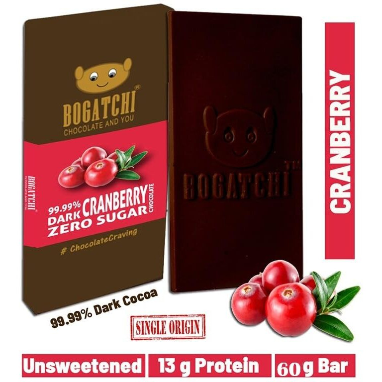 Bogatchi Premium 99% Dark Chocolate | Cranberry | Real Cocoa Intense Dark Chocolate, 60 Gm