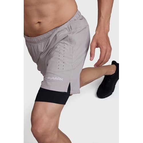 Fuaark Laser Sports And Gym 2 In 1 Shorts Sport Running Gym Shorts With Inner Tights (Beige With Black, M)