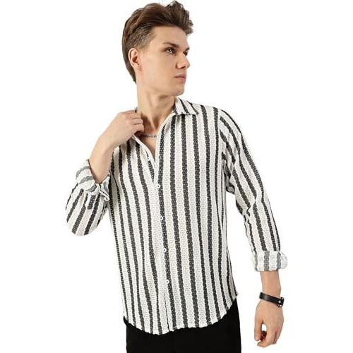 Thomas Scott Men's Slim Fit Textured Spread Collar Long Sleeve Crochet Knitted Casual Shirt(Ts1667_White_M)
