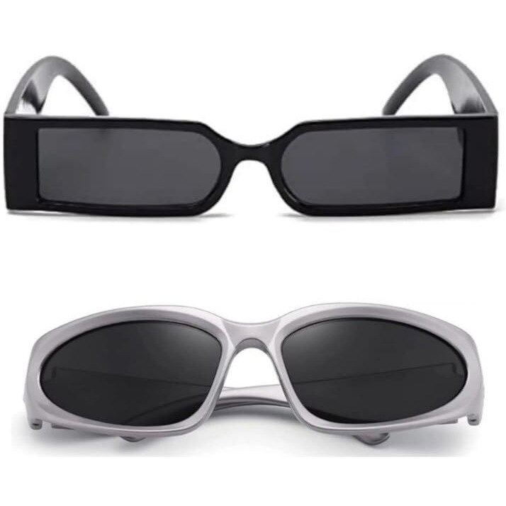 Hairum Combo Of 2 Sunglasses Silver Y2K Wraparound And Black Mc Stan