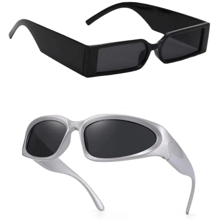 Hairum Combo Of 2 Sunglasses Silver Y2K Wraparound And Black Mc Stan