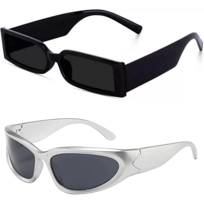Hairum Combo Of 2 Sunglasses Silver Y2K Wraparound And Black Mc Stan