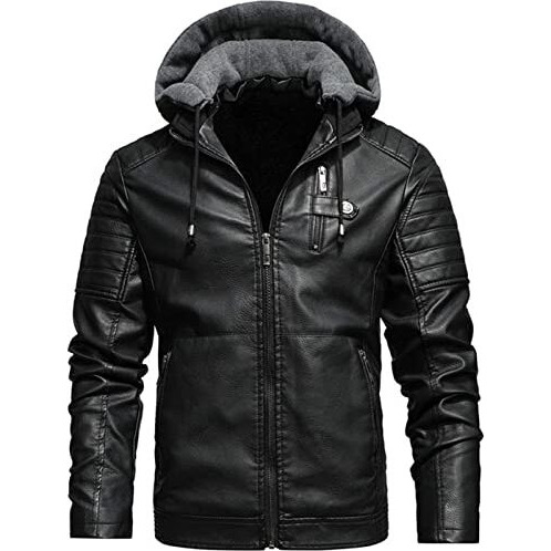 Blaq Ash Men's Faux Leather Hooded Motorcycle Jacket, Zip-Up, With Pockets Removable Hood (Medium, Black)