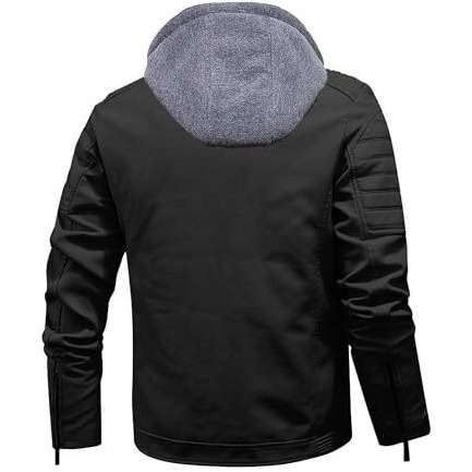 Blaq Ash Men's Faux Leather Hooded Motorcycle Jacket, Zip-Up, With Pockets Removable Hood (Medium, Black)
