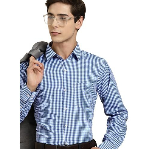 English Navy Men's Checkered Slim Fit Shirt (2061Blue42_Blue & White