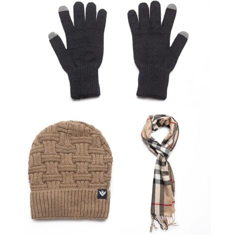 Amoldo Winter Woolen Beanie Cap, Scarf, And Gloves Combo Set For Men And Women  Warm Knitted Hat, Muffler, And Gloves For Cold Weather Protection (In, Alpha, Free Size, Beige)