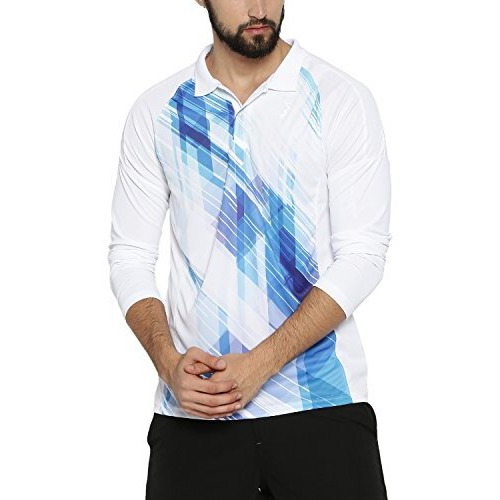 Campus Sutra Men's White & Blue Contrast Print Activewear T-Shirt For Casual Wear | Spread Collar | Long Sleeve | Pull On Closure | Polyester Jersey T-Shirt Crafted With Comfort Fit For Everyday Wear