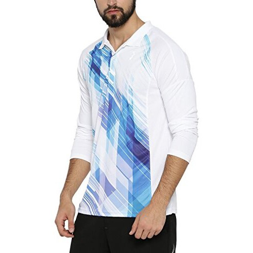 Campus Sutra Men's White & Blue Contrast Print Activewear T-Shirt For Casual Wear | Spread Collar | Long Sleeve | Pull On Closure | Polyester Jersey T-Shirt Crafted With Comfort Fit For Everyday Wear