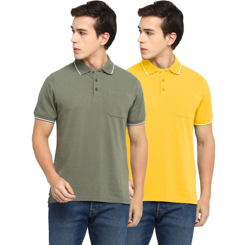 American Crew Polo Collar T-Shirts With Pocket Combo Pack Of 2 (Ac27-Xxl_Light Olive & Mustard)