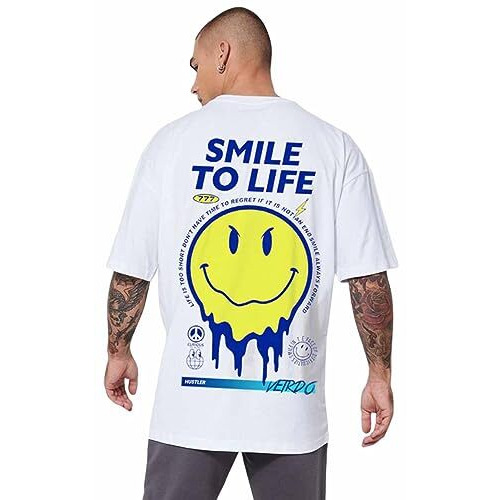 Veirdo Oversize Loose Fit, Drop Shoulder, Baggy Fit, Round Neck White Color Printed Half Sleeve T-Shirt For Men/Boys