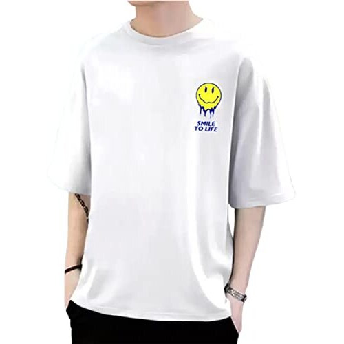 Veirdo Oversize Loose Fit, Drop Shoulder, Baggy Fit, Round Neck White Color Printed Half Sleeve T-Shirt For Men/Boys