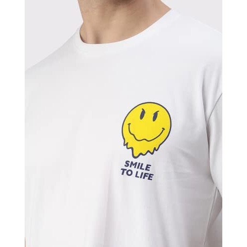 Veirdo Oversize Loose Fit, Drop Shoulder, Baggy Fit, Round Neck White Color Printed Half Sleeve T-Shirt For Men/Boys