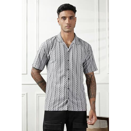 Swadesi Stuff Men's Geometric Print Regular Fit Polycotton Shirt | Stylish Half Sleeve Casual Shirt For Men (In, Alpha, M, Regular, Grey)