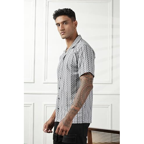 Swadesi Stuff Men's Geometric Print Regular Fit Polycotton Shirt | Stylish Half Sleeve Casual Shirt For Men (In, Alpha, M, Regular, Grey)
