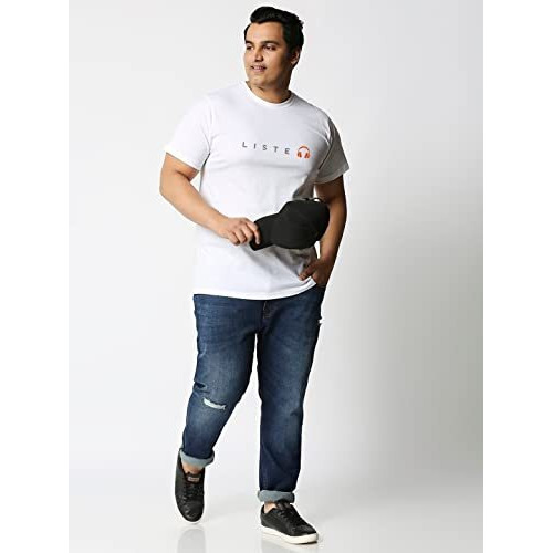 Bewakoof Men's Keep Listening Typography Plus Size T-Shirt, Regular Fit, Round Neck, Half Sleeve_590291_White_6Xl